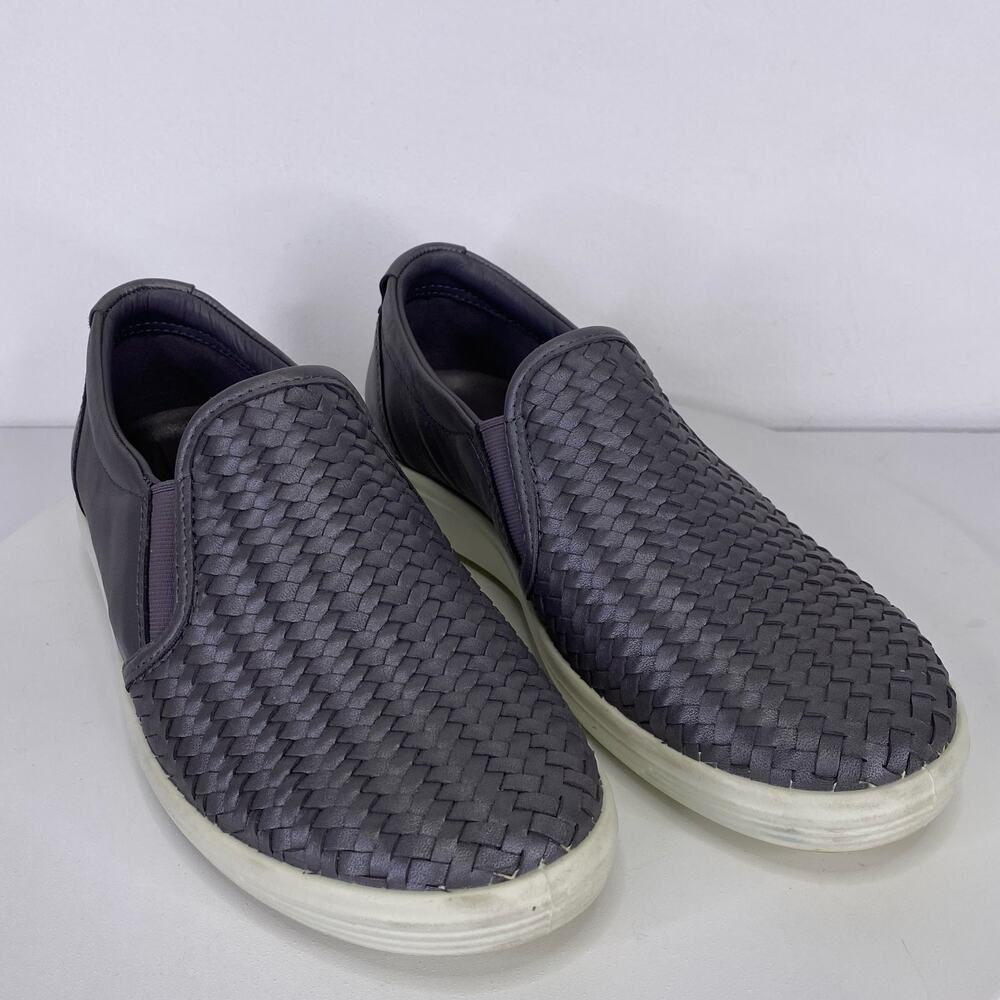ECCO Soft 7 Woven Leather Slip On Sneakers Sz 5.5 Gravity Gray Metallic Comfort